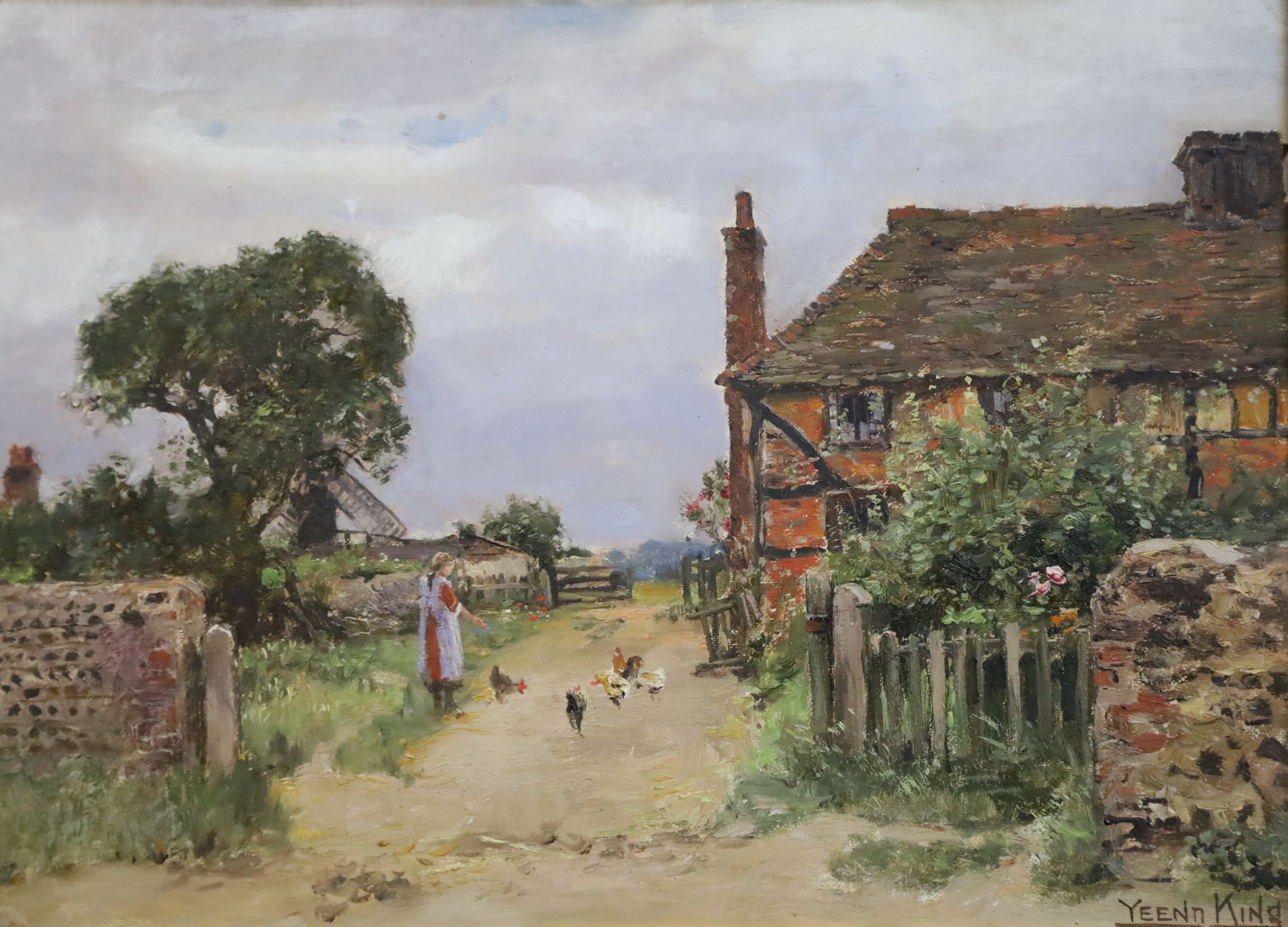 Miss Lilian Yeend-King (Mrs Freemantle b.1882) Woman passing a thatched cottage and woman feeding geese beside a timbered house 11 x 15